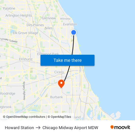 Howard Station to Chicago Midway Airport MDW map
