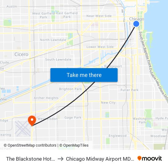 The Blackstone Hotel to Chicago Midway Airport MDW map