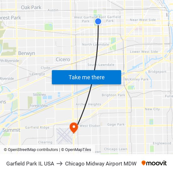 Garfield Park IL USA to Chicago Midway Airport MDW map