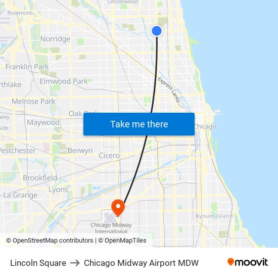 Lincoln Square to Chicago Midway Airport MDW map