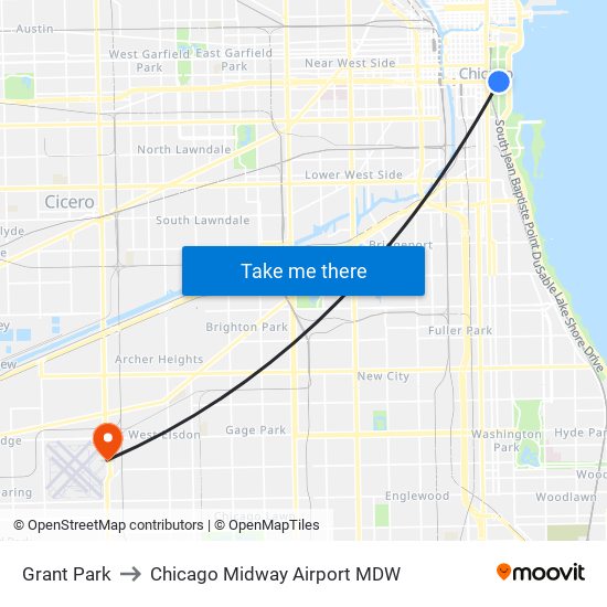 Grant Park to Chicago Midway Airport MDW map