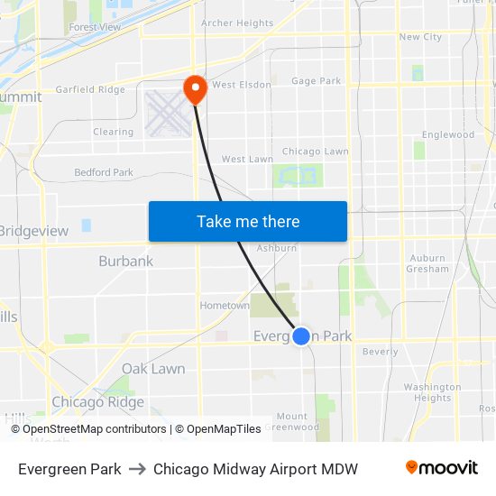 Evergreen Park to Chicago Midway Airport MDW map