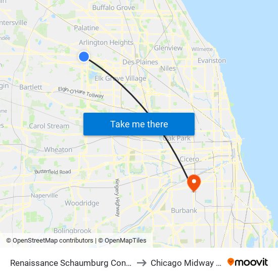 Renaissance Convention Center to Chicago Midway Airport MDW map