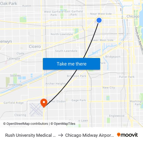 Rush University Medical Center to Chicago Midway Airport MDW map