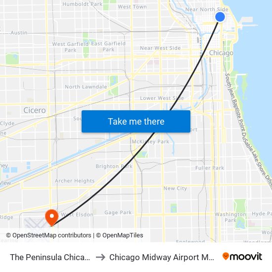 The Peninsula Chicago to Chicago Midway Airport MDW map