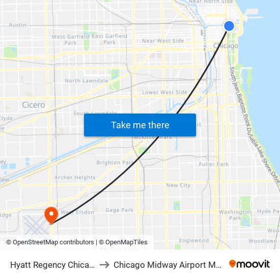 Hyatt Regency Chicago to Chicago Midway Airport MDW map