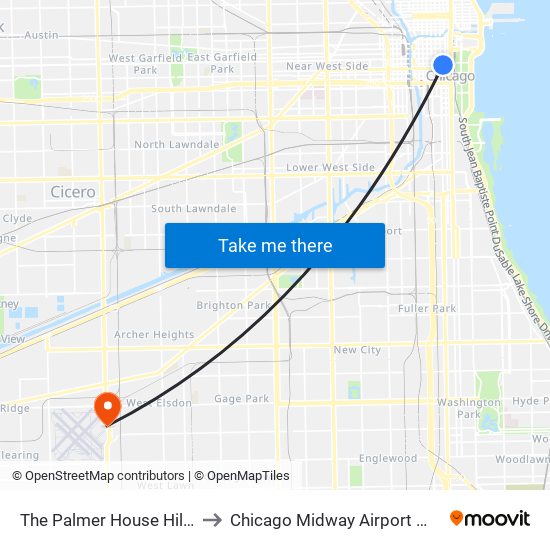 The Palmer House Hilton to Chicago Midway Airport MDW map