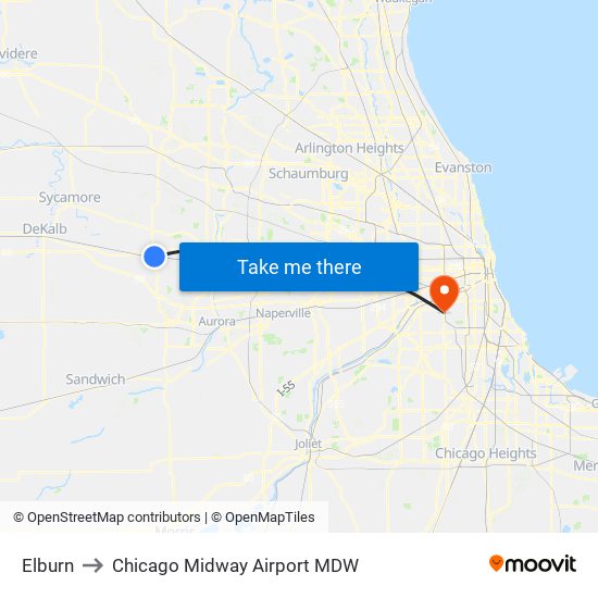 Elburn to Chicago Midway Airport MDW map