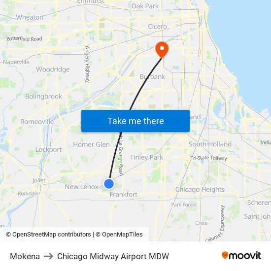 Mokena to Chicago Midway Airport MDW map