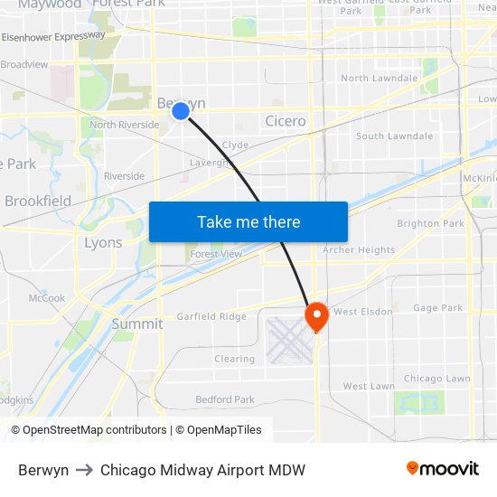 Berwyn to Chicago Midway Airport MDW map
