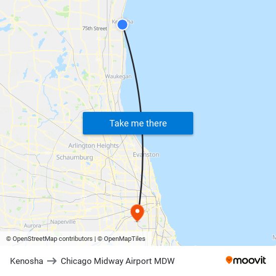 Kenosha to Chicago Midway Airport MDW map