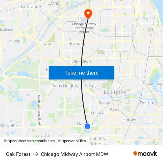 Oak Forest to Chicago Midway Airport MDW map