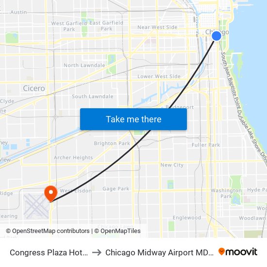 Congress Plaza Hotel to Chicago Midway Airport MDW map