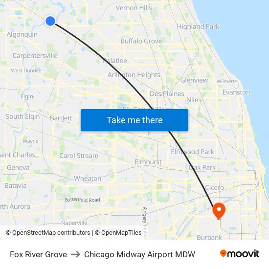 Fox River Grove to Chicago Midway Airport MDW map