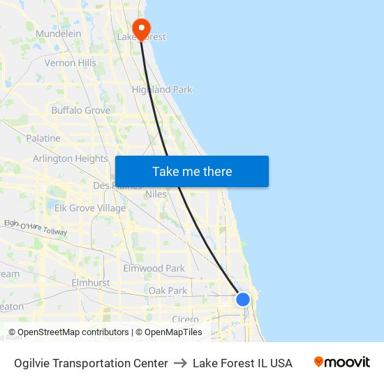 Ogilvie Transportation Center to Lake Forest IL USA map