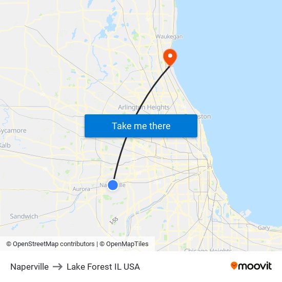 Naperville to Lake Forest IL USA map