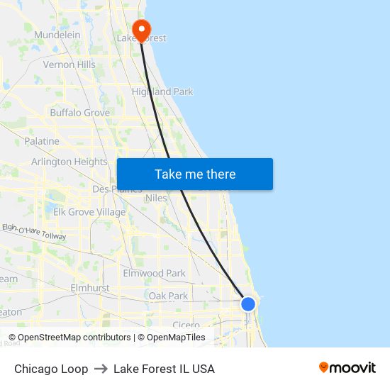 Chicago Loop to Lake Forest IL USA map