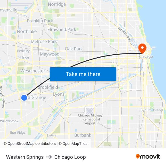 Western Springs to Chicago Loop map
