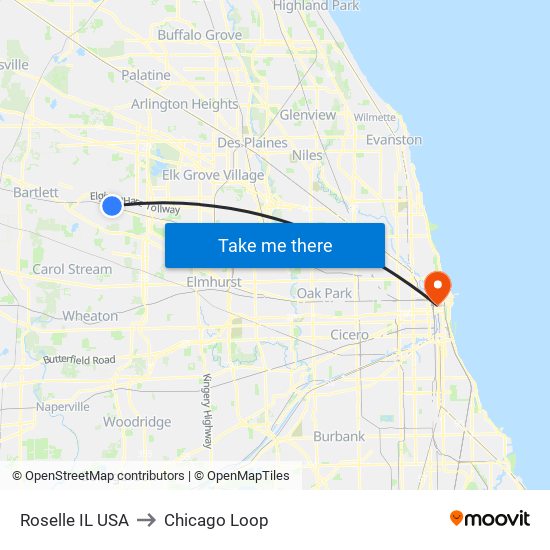 Roselle IL USA to Chicago Loop map