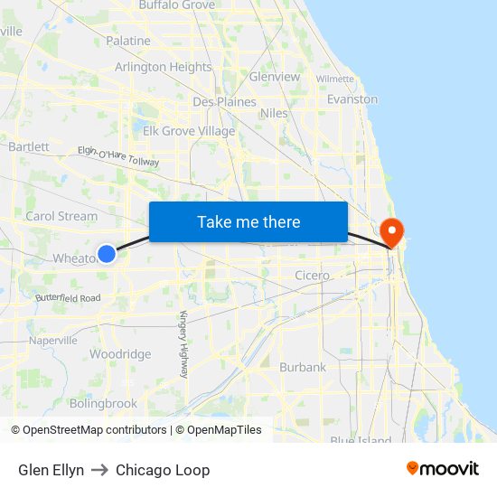 Glen Ellyn to Chicago Loop map