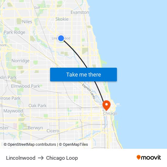 Lincolnwood to Chicago Loop map