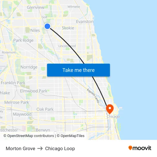 Morton Grove to Chicago Loop map