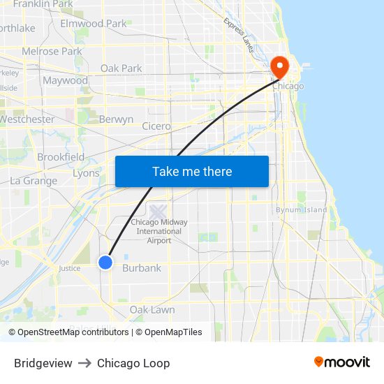 Bridgeview to Chicago Loop map