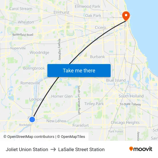 Joliet Union Station to LaSalle Street Station map