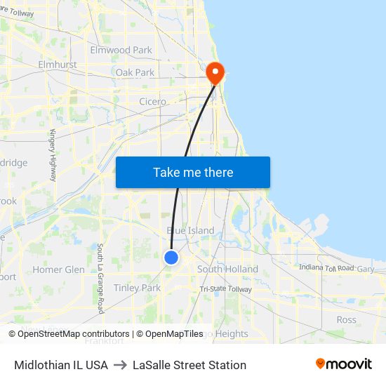 Midlothian IL USA to LaSalle Street Station map