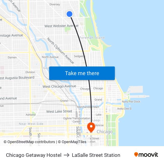 Chicago Getaway Hostel to LaSalle Street Station map