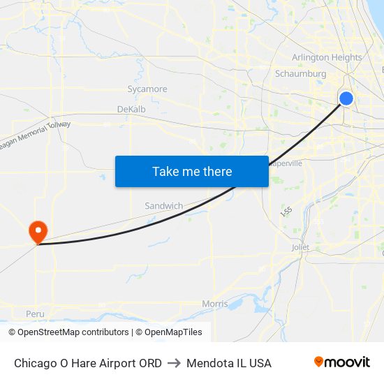 Chicago O Hare Airport ORD to Mendota IL USA map