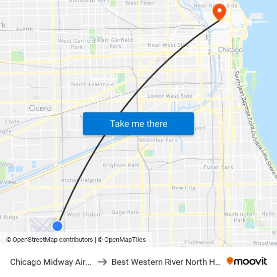 Chicago Midway Airport MDW to Best Western River North Hotel Chicago map
