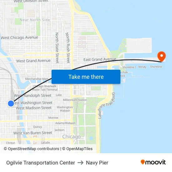 Ogilvie Transportation Center to Navy Pier map