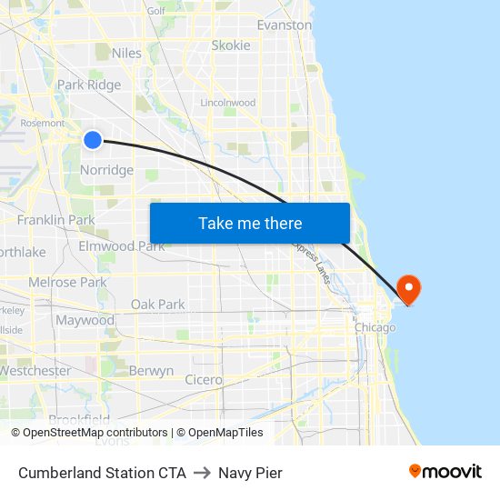 Cumberland Station CTA to Navy Pier map