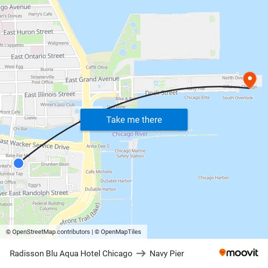 Radisson Blu Aqua Hotel Chicago to Navy Pier map