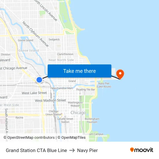 Grand Station CTA Blue Line to Navy Pier map