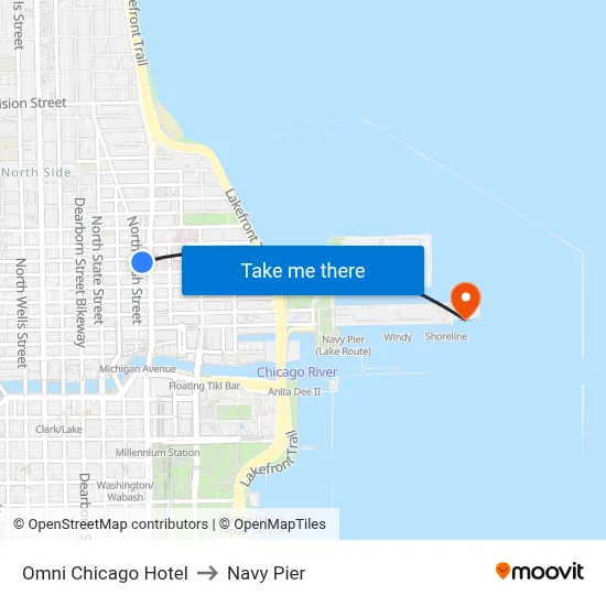 Omni Chicago Hotel to Navy Pier map