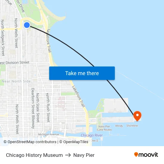 Chicago History Museum to Navy Pier map