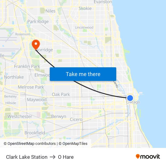 Clark Lake Station to O Hare map