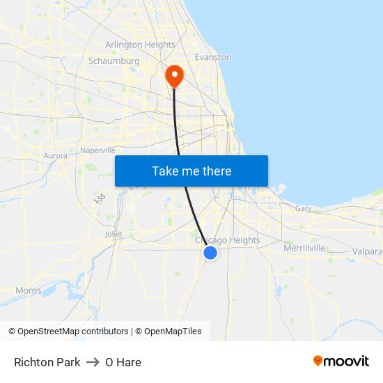 Richton Park to O Hare map