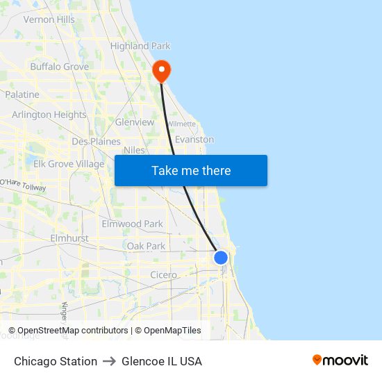 Chicago Station to Glencoe IL USA map