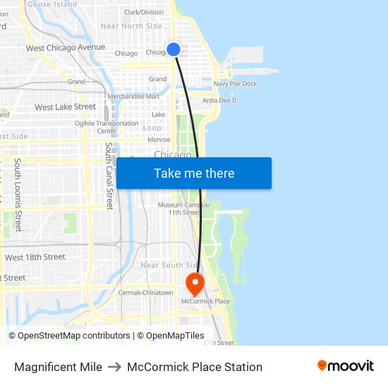 Magnificent Mile to McCormick Place Station map
