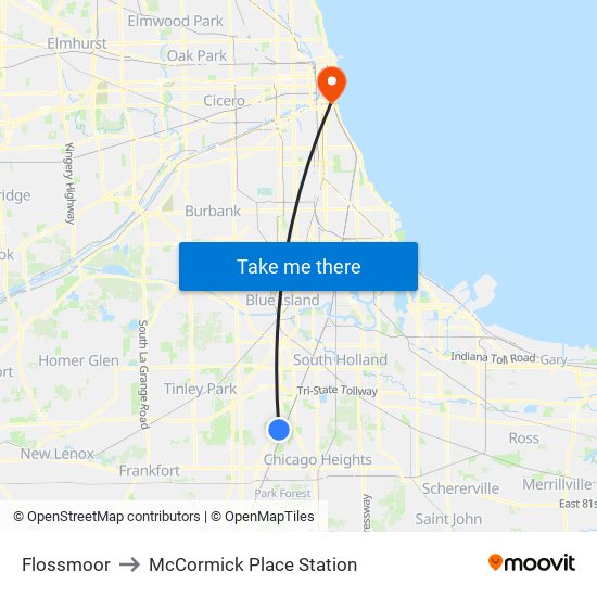 Flossmoor to McCormick Place Station map