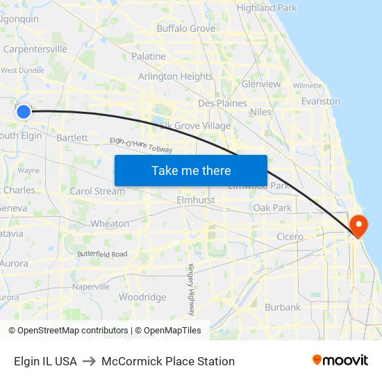Elgin IL USA to McCormick Place Station map