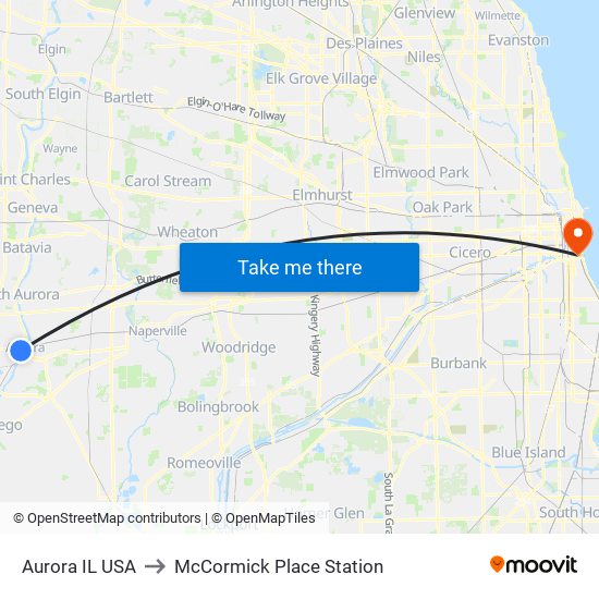 Aurora IL USA to McCormick Place Station map