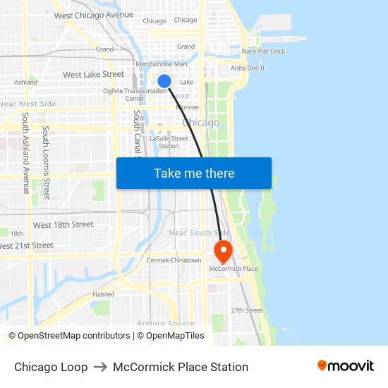 Chicago Loop to McCormick Place Station map