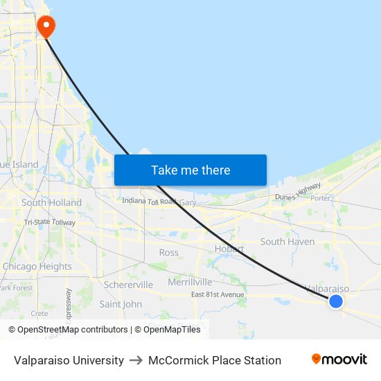 Valparaiso University to McCormick Place Station map