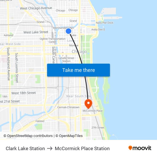 Clark Lake Station to McCormick Place Station map