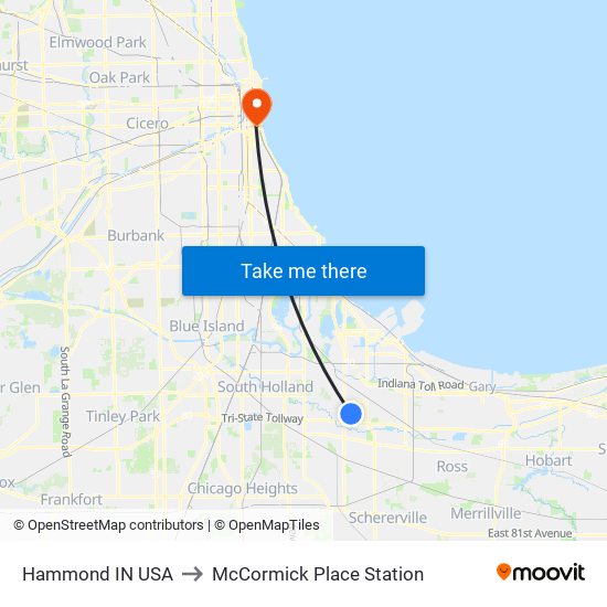 Hammond IN USA to McCormick Place Station map