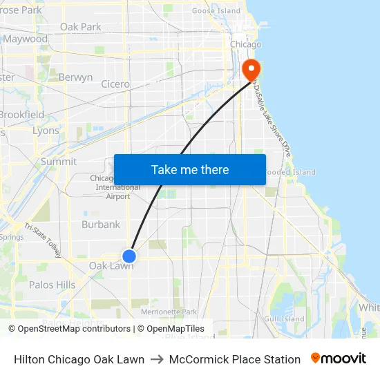 Hilton Chicago Oak Lawn to McCormick Place Station map